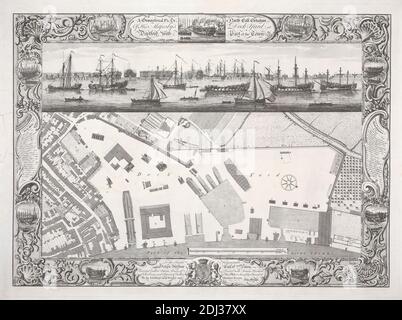 Geometrischer Plan der Werft seiner Majestät, Deptford, Druck von Pierre Charles Canot, ca. 1710–1777, französisch, in Großbritannien tätig, nach Thomas Milton, tätig 1739–1756, britisch, Versand durch John Cleveley der Ältere, ca. 1712–1777, britisch, 1755, Strichgravur auf mittelschwerem, mittelstrukturiertem, cremefarbenen Papier, Blatt: 21 1/2 × 28 9/16 Zoll (54.6 × 72.5 cm), Platte: 19 3/4 × 26 3/4 Zoll (50.2 × 68 cm), und Bild: 18 1/2 × 25 9/16 Zoll (47 × 64.9 cm) Stockfoto