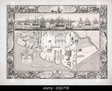 Geometrischer Plan der Werft seiner Majestät, bei Plymouth, Druck von Pierre Charles Canot, ca. 1710–1777, französisch, in Großbritannien tätig, nach Thomas Milton, tätig 1739–1756, britisch, Versand durch John Cleveley der Ältere, ca. 1712–1777, Britisch, 1756, Strichgravur auf mittlerem, mäßig strukturiertem, cremefarbenem Papier auf gedeckten Papier, Blatt: 22 1/16 × 28 13/16 Zoll (56 × 73.2 cm) und Bild: 18 3/4 × 25 5/8 Zoll (47.6 × 65.1 cm) Stockfoto