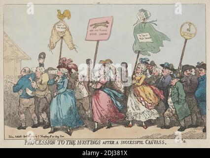 Prozession zu den Hustings after a successful Canvas, Thomas Rowlandson, 1756–1827, britisch, 1784, Radierung, handfarbig, Blatt: 8 3/4 x 13 1/4in. (22.2 x 33,7 cm Stockfoto