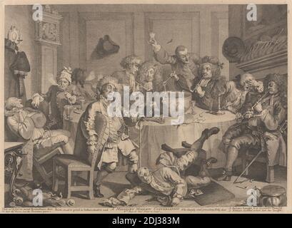 A Midnight Modern Conversation, Print made by William Hogarth, 1697–1764, British, 1733, Gravur, Blatt: 12 7/8 × 17 7/8 Zoll (32.7 × 45.4 cm), Flaschen, Kerzenständer, Uhr, Gesprächsstück, Trinken, Essen, Möbel, Genremotiv, Zitronen, Mitternacht, Wein Stockfoto