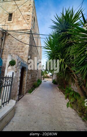 jerusalem, israel. 04-12-2020. Enge Gassen mit alten Jerusalemer Steinhäusern, Bäumen und Gärten. Im jüdischen Viertel Stockfoto