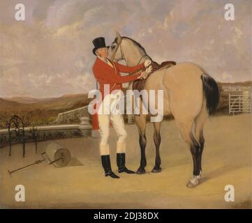 James Taylor Wray von der Bedale Hunt mit seinem Dun Hunter, Anson Ambrose Martin, aktiv 1830–1844, britisch, ca. 1840, Öl auf Leinwand, Unterstützung (PTG): 20 5/8 x 25 Zoll (52.4 x 63.5 cm), Stuhl, Kostüm, Reiten, Handschuhe, Pferd (Tier), männlich, Porträt, Erholung, Roller (Verdichtung Ausrüstung), Sportkunst, viktorianische, Bedale, England, Europa, North Yorkshire, Vereinigtes Königreich Stockfoto