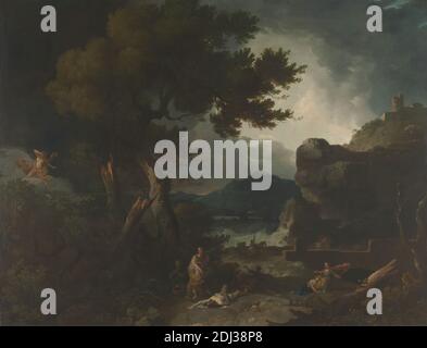 The Destruction of the Children of Niobe, Richard Wilson RA, 1714–1782, britisch, aktiv in Italien (1750–56), 1760, Öl auf Leinwand, Stütze (PTG): 58 x 74 Zoll (147.3 x 188 cm), Apollo und Diana töten Niobes Kinder, Pfeile, Schloss, Kinder, Klippe, Kostüm, Tod, Zerstörung, Griechisch, Heldin, Pferd (Tier), Landschaft, Legende, Blitz, Meteorologie, Berge, Mord, Mythos, Gedicht, Dichter, Königin (Person), religiöse und mythologische Thema, Wissenschaft, Sturm, Wellen (Naturereignisse), Böotien, Griechenland, Theben, Voíótía Stockfoto