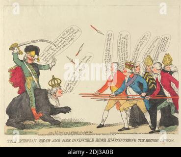 Der russische Bär und ihr unbesiegbarer Reiter begegnen der britischen Legion, unbekannter Künstler, (? H.W.), 1791, Radierung, handfarbig, Blatt: 11 x 14 13 Zoll (27.9 x 37,6 cm Stockfoto