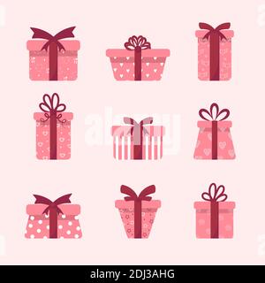 Set aus rosa Geschenkschachteln mit Schleifen und Bändern. Alles gute zum Valentinstag. Niedliche romantische Kollektion. Vektor-Illustration in flachen Cartoon-Stil. Stock Vektor