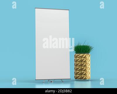 Aufrollen des Bannerstandrahmens. Modell auf blauem Hintergrund. 3D-Rendering. Stockfoto