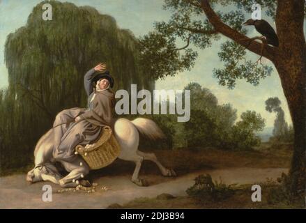 The Farmer's Wife and the Raven, George Stubbs, 1724–1806, British, 1786, Bienenwachs und Öl auf Mühlbrett, Support (PTG): 26 1/2 x 38 1/2 Zoll (67.3 x 97.8 cm), Korb, Vogel, gebrochen, Kostüm, Traum, Eier, Bauer, Fifty-One Fabeln in Vers oder Fabeln von John Gay (1727, Teil der zweiten 1738), erschrocken, Genre Thema, Geste, Pferd (Tier), Landschaft, literarisches Thema, Literatur, Rabe, Frau, Weide, Frau Stockfoto
