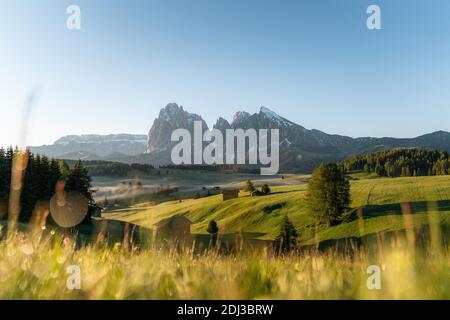 Heuscheune und Hütten auf nebligen Wiesen, hinter Langkofel und Plattkofel, Seiser Alm, Südtirol, Italien Stockfoto