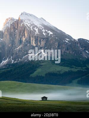 Einzelhütte auf Nebelwiese vor Plattkofel, Seiser Alm, Südtirol, Italien Stockfoto