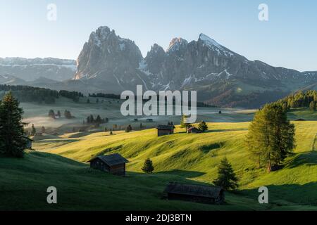 Heuscheune und Hütten auf nebligen Wiesen, hinter Langkofel und Plattkofel, Seiser Alm, Südtirol, Italien Stockfoto