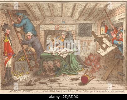 Suchnacht;- oder - Staatswächter, ehrliche Männer mit Verschwörern verwechseln - Vide, Staatsverhaftungen, James Gillray, 1757–1815, britisch, 1798, Radierung, handfarbig, Blatt: 9 5/8 x 13 7/8in. (24.4 x 35,2 cm Stockfoto