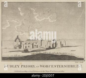 Dudley Priory in Worcestershire, Platte 1, Druck gemacht von M. Coote, aktiv 1876, nach unbekannter Künstler, Herausgegeben von Alexander Hogg, aktiv 1778–1824, britisch, vor 1786, Strichgravur und Radierung auf mittlerem, leicht strukturiertem, blauem, weiß gedeckten Papier, Blatt: 7 x 8 11/16 Zoll (17.8 x 22 cm) und Bild: 4 7/8 x 6 13/16 Zoll (12.4 x 17.3 cm), Bögen, architektonisches Thema, Architektur, Wolken, Gras, Heu, Kloster, Priorat, religiöses Gebäude, Ruinen, Turm (Gebäudeteilung), Dudley, Dudley Priory, England, Vereinigtes Königreich, Worcestershire Stockfoto