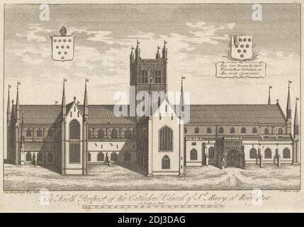 The North Prospect of the Cathedral Church of St. Mary at Worcester, John Harris, 1811–1865, britisch, nach Joseph Dougharty Perücke, undatiert, Radierung auf mäßig dickem, mäßig strukturiertem, cremefarbenem Papier, Blatt: 15/16 x 34.1 cm (9 13 7/16 x 25.3 Zoll), Platte: 7 7/8 x 11 15/16 Zoll (20 x 30.4 cm), und Bild: 7 x 11 1/8 Zoll (17.8 x 28.2 cm), architektonisches Motiv, Gebäude, Kathedrale, Christ, Christentum, Kirche, Wappen, Wappen, Kreuze (Motive), grün, religiös, Türme, Buntglas, Türme (Gebäudebereiche), England, Europa, Hereford und Worcester, Großbritannien Stockfoto