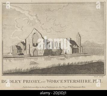 Dudley Priory in Worcestershire, Plate 2, M. Coote, Active 1876, nach unbekannter Künstler, Published by Alexander Hogg, Active 1778–1824, British, before 1786, Liniengravur und Radierung auf mittlerem, leicht strukturiertem, blauem, weiß gegoßenem Papier, Blatt: 6 15/16 x 8 3/4 Zoll (17.7 x 22.2 cm) und Bild: 4 13/16 x 6 7/8 Zoll (12.3 x 17.4 cm), Bögen, architektonisches Thema, Architektur, Boote, Kamine (architektonische Elemente), Wolken, Zäune, Tor, Gras, Heu, Hügel, Landschaft, Männer, Kloster, Berge, Ruder, Priorat, religiöses Gebäude, Fluss, Rudern, Ruinen, Turm (Gebäudeteilung), Dudley, Dudley Stockfoto