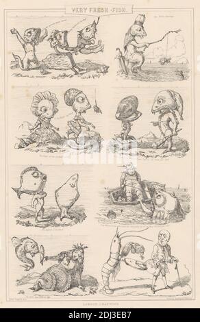 Very Fresh Fish, Print Made by Alfred Henry Forrester, 1804–1872, British, after Alfred Henry Forrester, 1804–1872, British, Printed by Standidge & Co, Active 1836–1849, British, Published by J & F Harwood, 1820s–1844, British, undated, Lithograph on mäßig Thick, smooth, beige wove paper, Sheet: 17 13/16 x 13 Zoll (45.2 x 33 cm) und Bild: 14 1/8 x 9 1/8 Zoll (35.9 x 23.1 cm), Betteln, Boot, Club, Koralle, Kleider, Augen, Fisch, Angeln, Genre Thema, Haken, Lippen, Hummer, Männer, Meerjungfrau, Meer, Austernschale, Plätschern, Felsen (Landformen), Matrosen, Satire, Muscheln, reden Stockfoto