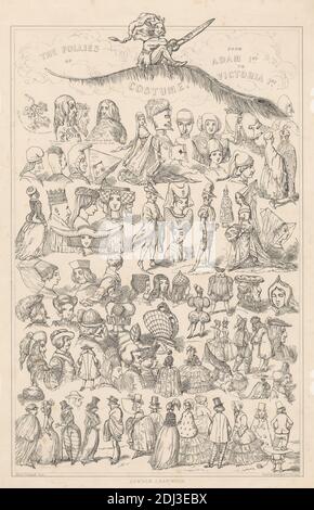 The Follies of Costume, Print Made by Alfred Henry Forrester, 1804–1872, British, after Alfred Henry Forrester, 1804–1872, British, Printed by Standidge & Co, Active 1836–1849, British, Published by J & F Harwood, 1820s–1844, British, undated, Lithograph on mäßig dick, smooth, beige wove paper, Sheet: 17 7/8 x 13 Zoll (45.4 x 33 cm) und Bild: 14 7/16 x 9 7/16 Zoll (36.6 x 24 cm), Hauben, Umhänge, Mützen, Mäntel, Kostüm, Kleid, Federn, Genremotiv, Haare, Hüte, Illustrationen, Jacken, Blätter, langes Haar, Männer, Satire, Scheren, Perücken, Frauen Stockfoto