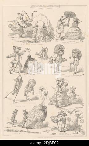 Zoological Education, Print Made by Alfred Henry Forrester, 1804–1872, British, after Alfred Henry Forrester, 1804–1872, British, Printed by Standidge & Co, Active 1836–1849, British, Published by J & F Harwood, 1820s–1844, British, undated, Lithograph on mäßig Thick, smooth, beige wove paper, Sheet: 17 3/4 x 12 15/16 Zoll (45.1 x 32.8 cm) und Bild: 14 1/8 x 9 1/8 Zoll (35.9 x 23.1 cm), Stöcke, Hunde (Tiere), Kleider, Eier, Elefanten (Tiere), Füchse (Tiere), Frösche (Tiere), Gänse, Genremotiv, Hüte, Reiher, Illustrationen, Lernen, Löwen, Affen, Eulen, Sonnenschirm, Satire, Wissenschaft Stockfoto