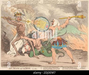 Sin, Death, and the Devil, James Gillray, 1757–1815, British, 1792, Radierung, handfarbig, Blatt: 11 5/8 x 15 (29.5 x 38,7 cm Stockfoto