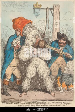 Retribution; - Tarring und Federn; - oder - die Patriots Rache, - Nein, Sie werden unsere Münder stoppen, Beware Your Own, James Gillray, 1757–1815, British, 1795, Ätzen, Hand-Färbung, Blatt: 12 3/4 x 9 1/8 Zoll. (32.4 x 23,2 cm Stockfoto