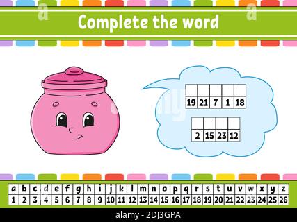 Vervollständigen Sie die Worte. Chiffriercode. Vokabeln und Zahlen lernen. Arbeitsblatt zum Bildungswesen. Aktivitätsseite für die Studie Englisch. Isolierte Vektordarstellung. Stock Vektor