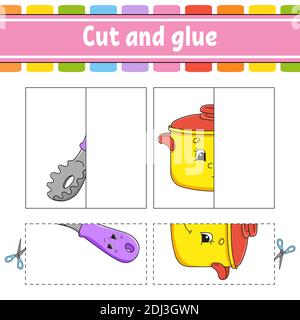 Schneiden und spielen. Papier Spiel mit Kleber. Flash-Karten. Arbeitsblatt zum Bildungswesen. Aktivitätsseite. Witziger Charakter. Isolierte Vektordarstellung. Cartoon-Stil. Stock Vektor