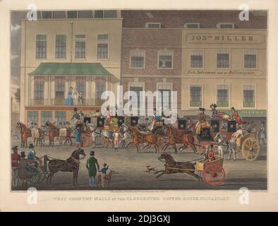 West Country Mails at the Gloucester Coffee House, Piccadilly, Charles Rosenberg, aktiv 1828–1848, nach James Pollard, 1792–1867, britisch, 1828, Aquatint, handfarbig, Blatt: 24 5/8 x 31 1/4in. (62.5 x 79,4 cm Stockfoto