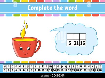 Vervollständigen Sie die Worte. Chiffriercode. Vokabeln und Zahlen lernen. Arbeitsblatt zum Bildungswesen. Aktivitätsseite für die Studie Englisch. Isolierte Vektordarstellung. Stock Vektor