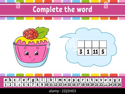 Vervollständigen Sie die Worte. Chiffriercode. Vokabeln und Zahlen lernen. Arbeitsblatt zum Bildungswesen. Aktivitätsseite für die Studie Englisch. Isolierte Vektordarstellung. Stock Vektor