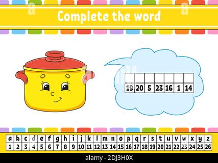 Vervollständigen Sie die Worte. Chiffriercode. Vokabeln und Zahlen lernen. Arbeitsblatt zum Bildungswesen. Aktivitätsseite für die Studie Englisch. Isolierte Vektordarstellung. Stock Vektor