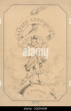 Wrapper for Six Prints from Alfred Crowquill's Christmas Pieces, Print made by Alfred Henry Forrester, 1804–1872, British, after Alfred Henry Forrester, 1804–1872, British, Printed by Standidge & Co, Active 1836–1849, British, Published by J & F Harwood, 1820s–1844, British, undated, Lithograph on mäßig Thick, smooth, Brown wove paper, Sheet: 18 1/8 x 13 5/16 Zoll (46 x 33.8 cm) und Bild: 13 15/16 x 9 5/16 Zoll (35.4 x 23.6 cm), Glocken, Weihnachten, Wolken, Genre-Thema, Globus, Illustration, Mistel, Pflanzen, Band, Satire, Flügel, Welt Stockfoto