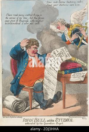 John Bull bei seinem Studium. Besucht von seinem Guardian Angell, James Gillray, 1757–1815, britisch, 1799, Radierung, handfarbig, Blatt: 10in. (25,4 cm Stockfoto