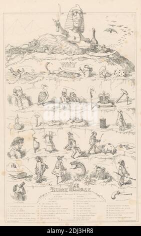 Warum... Weil..., Druck gemacht von Alfred Henry Forrester, 1804–1872, britisch, nach Alfred Henry Forrester, 1804–1872, britisch, gedruckt von Standidge & Co, aktiv 1836–1849, britisch, Herausgegeben von J & F Harwood, 1820er–1844, britisch, undatiert, Lithograph auf mäßig dickem, glattem, beigefarbenem Papier, Blatt: 17 13/16 x 13 Zoll (45.3 x 33 cm) und Bild: 14 9/16 x 9 3/16 Zoll (37 x 23.4 cm), Ambosse, Glocken, Vögel, Kerzen, Kronen, Würfel, Enten, Genre Thema, Waffen, Hämmer, Illustrationen, Insekten, Schlüssel, Männer, Satire, Schlangen, Sphinx, Stäbe, Schwert, Werkzeuge, Gießkanne Stockfoto