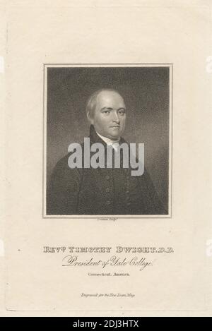 Reverend Timothy Dwight, D.D., President of Yale College, Druck von Samuel Freeman, 1773–1857, britischer, nach unbekannter Künstler, undatiert, Stichelstich und Radierung auf mittlerem, leicht strukturiertem, cremefarbenem Wove-Papier, Blatt: 8 5/16 x 5 1/4 Zoll (21.1 x 13.3 cm), Platte: 6 9/16 x 4 3/8 Zoll (16.7 x 11.1 cm), und Bild: 3 3/8 x 2 13/16 Zoll (8.5 x 7.2 cm), Büste, Cravat, Mann, Porträt, Posen, Präsident, Reverend, feierlich, Weste, Yale College Stockfoto