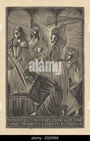 Jesus Driving the moneychangers from the Temple (Latein), Eric Gill, 1882–1940, British, 1919, Holzstich auf mäßig dickem, glattem, cremefarbenen Papier, Blatt: 1/4 x 3/16 cm (6 15.8 x 4 10.7 Zoll) und Bild: 5 9/16 x 3 5/8 Zoll (14.1 x 9.2 cm), Illustration, kniend, Männer, Geld, Geldwechsler, Neues Testament, Reinigung des Tempels ("erste" und "zweite"): Christus treibt die Geldwechsler aus dem Tempel mit einer Peitsche (Matthäus 12:12-13; Markus 11:15-17; Lukas 19:45-46; Johannes 12:12-19), religiöse, religiöse und mythologische Thema, Tempel, Peitsche Stockfoto