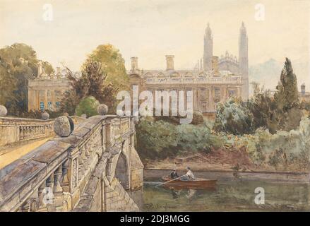 Clare College und Bridge over the Cam mit King's College im Hintergrund, John Fulleylove, 1845–1908, British, 1889, Aquarell und Graphit auf dickem, dünn strukturiertem, cremefarbenem Wove-Papier, Blatt: 7 × 10 1/8 Zoll (17.8 × 25.7 cm), architektonisches Thema, Brücke (gebaut), Hochschulen, Fluss, Rudern, Cambridge, Cambridgeshire, Clare College, England, Europa, King's College, Großbritannien, University of Cambridge Stockfoto