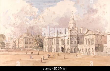 The Horse Guards Parade, ev. William Henry Pyne, 1769–1843, britisch, undatiert, Aquarell, mit Stift, in brauner Tinte und Graphit auf mäßig dickem, mäßig strukturiertem, cremefarbenem, gewobenen Papier, Blatt: 9 7/16 × 15 11/16 Zoll (24 × 39.8 cm), architektonisches Motiv Stockfoto