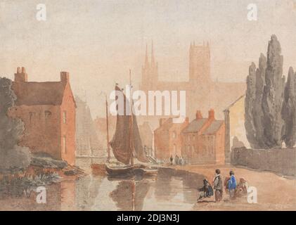 Lincoln Cathedral aus Brayford Pool, David Cox, 1783–1859, Großbritannien, ca. 1808, Aquarell, Graphit und Gouache auf Medium, leicht strukturiert, cremefarbenes Papier aufgezogen, sehr dick, glatt, weiß, Wobenkarte, Halterung: 8 3/8 x 11 Zoll (21.3 x 27.9 cm) und Blatt: 7 1/4 x 10 1/8 Zoll (18.4 x 25.7 cm), Architekturmotiv, Boot, Kathedrale, Stadtbild, Menschen, Fluss, Lincoln, Großbritannien Stockfoto