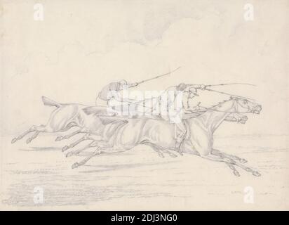 Scraps', No 17: Racing, Three Horses with Jockeys up galopping to right, Henry Thomas Alken, 1785–1851, britisch, undatiert, Graphit auf Medium, leicht strukturiert, blauweiß, wove paper, Sheet: 6 9/16 × 9 1/16 Zoll (16.7 × 23 cm), Galoppieren, Pferderennen, Reiter, Reiten, Pferde (Tiere), Jockeys, Männer, Rennen (Veranstaltung), Sportkunst, Peitschen (Tierausrüstung Stockfoto