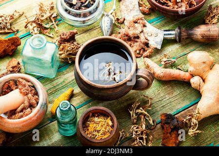 Kräutertee und ein Satz heilender Kräuter, Wurzeln und Rinde.Alternative Medizin Stockfoto