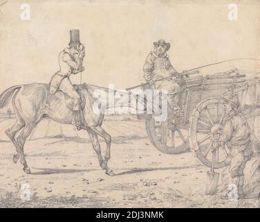 Sporting Ihntions': 'IT's My Nitition that This is the only way to get her along', Henry Thomas Alken, 1785–1851, britisch, zwischen 1831 und 1832, Graphit und rote Kreide auf dünnem, glattem, blauem Weiß, Wobentpapier, Blatt: 6 3/8 × 8 1/8 Zoll (16.2 × 20.6 cm), Fahrer, Fahren, Felder, Pferd (Tier), Reiter, Reiten, Männer, Ziehen, Straße, Schaufel, Sportkunst, Wagen, Räder, Peitsche Stockfoto