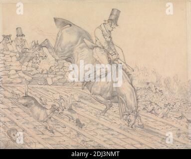 Sporting Idections': 'I have a Ihnation This May be called 'Riding to the Hounds at a Smashing Rate'', Henry Thomas Alken, 1785–1851, britisch, zwischen 1831 und 1832, Graphit und rote Kreide auf dünnem, leicht strukturiertem, blauem Weiß, gewobenen Papier, Blatt: 6 7/16 × 8 3/16 Zoll (16.4 × 20.8 cm), Absturz, Hunde (Tiere), fallen, Reiter, Reiten, Pferde (Tiere), Hunde (Hunde), Jagd, Jäger, Jagd, Springen, Männer, Sportkunst, Bäume, Wand Stockfoto