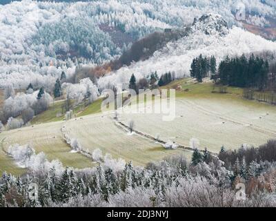 Burgruine Tollenstein auf einem mit Reif bedeckten Hügel. Schöne Berglandschaft bei Sonnenaufgang im Herbst. Nadelwald auf den Hügeln. Frostig und Stockfoto