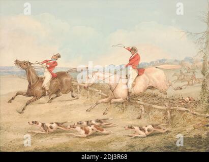 Jumping a Double Oxer - A Rider in Strudles, Henry Thomas Alken, 1785–1851, britisch, undatiert, Aquarell, mit Stift, in brauner Tinte und Graphit auf Medium, leicht strukturiert, blauweiß, gewobene Papiere, Blatt: 10 3/4 × 14 5/8 Zoll (27.3 × 37.1 cm), Hunde (Tiere), Zaun, Galoppieren, Hecke, Reiter, Reiten, Pferde (Tiere), Hunde (Hunde), Jagd, Jäger, Jagd, Springen, Landschaft, Männer, Sportkunst, Baum, Peitsche Stockfoto