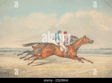 Two Jockeys Galopping Neck and Neck to Right, Henry Thomas Alken, 1785–1851, britisch, undatiert, Graphit und Aquarell auf Medium, leicht strukturiert, beige, Wobentpapier, Blatt: 8 15/16 × 12 3/4 Zoll (22.7 × 32.4 cm), Galoppieren, Pferderennen, Reiter, Reiten, Pferde (Tiere), Jockeys, Landschaft, Männer, Rennen (Veranstaltung), Sportkunst Stockfoto