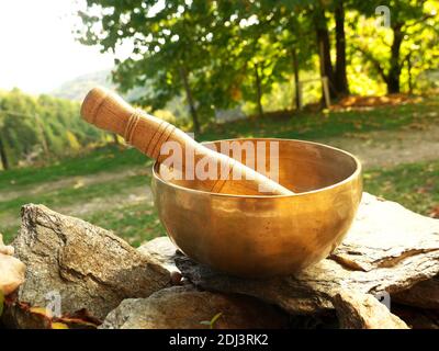 Klangschale auf Kieselsteinen mit Natur im Hintergrund platziert Stockfoto