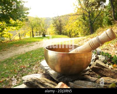 Klangschale auf Kieselsteinen mit Natur im Hintergrund platziert Stockfoto