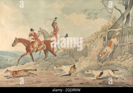 Foxhunting: Near the Death, Edwin W. Cooper of Beccles, 1785–1833, British, 1816, Aquarell, Feder und schwarze Tinte, braune Tinte, graue Tinte und Graphit auf Medium, mäßig strukturiert, beige, Webpapier, Blatt: 12 5/8 × 19 3/16 Zoll (32.1 × 48.7 cm), Hunde (Tiere), Zaun, Fuchs (Tier), Fuchsjagd, Reiter, Reiten, Pferde (Tiere), Hunde (Hunde), Jagd, Jäger, Jagd, Springen, Landschaft, Männer, Sportkunst Stockfoto