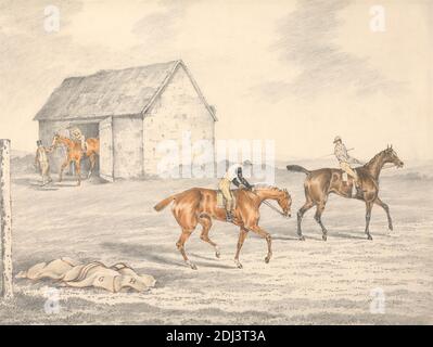 The St. Leger, Doncaster: Preparing to Start, Henry Thomas Alken, 1785–1851, britisch, undatiert, Graphit und Aquarell auf Medium, leicht strukturiert, creme, webpapier, Blatt: 10 3/4 × 14 5/16 Zoll (27.3 × 36.4 cm), Scheune, Decke, Feld, Gras, Pferderennen, Reiter, Reiten, Pferde (Tiere), Jockeys, Landschaft, Männer, Post, Rennen (Event), Sportkunst, Doncaster, Doncaster, England, Europa, Großbritannien, Yorkshire Stockfoto