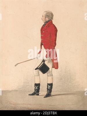 R. W. Selby-Lowndes in a Scarlet Coat, Richard Dighton, 1795–1880, British, 1843, Aquarell, mit Stift, in brauner Tinte, grauer Tinte, Graphit und Gouache auf Medium, leicht strukturiert, beige, Webpapier, Blatt: 11 × 8 3/4 Zoll (27.9 × 22.2 cm), Porträt Stockfoto