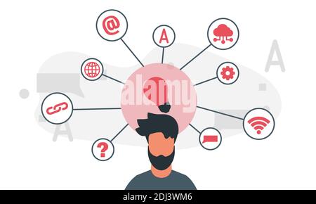Menschen Mind Map Konzept Vektor Illustration. Ein Mann und seine Gedanken in seinem Kopf Phantasie in Form von Verbindungen Gehirn Stock Vektor